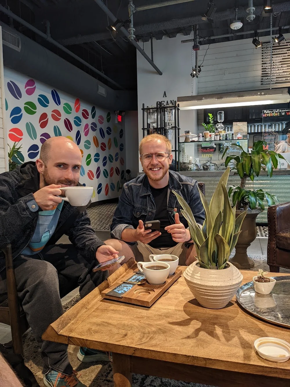 Hugh and Arran enjoying coffee in Charlotte